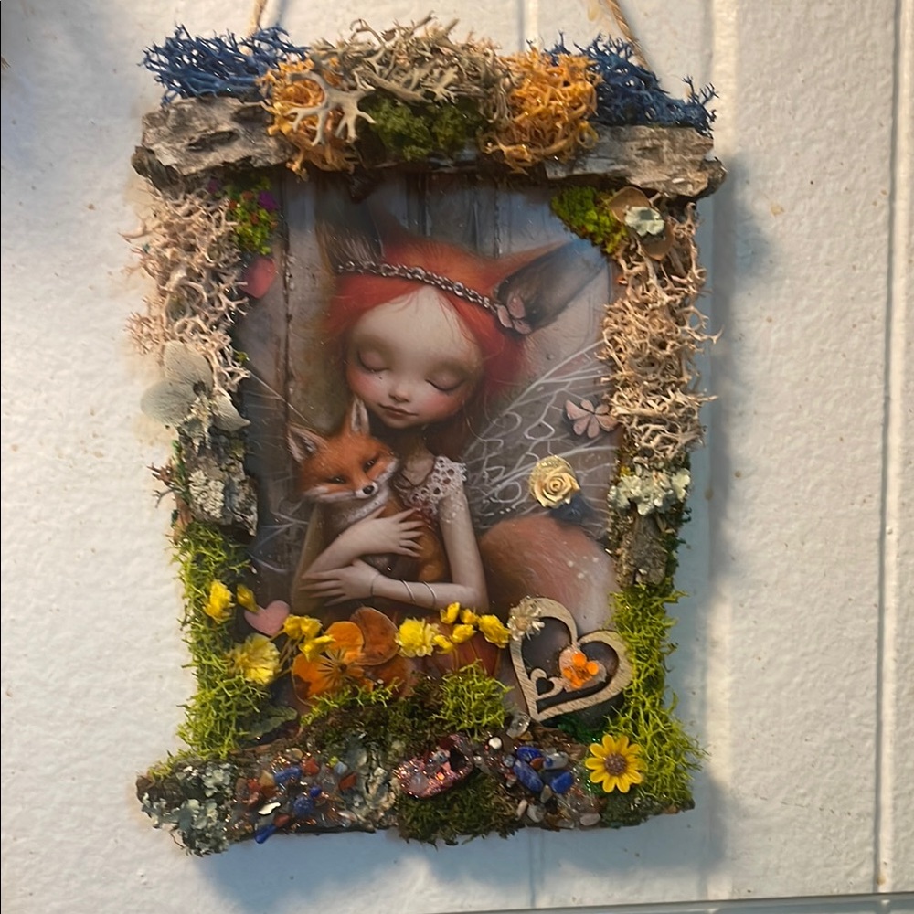 Whimsical Fox Art with Floral Accents handcrafted border moss/flowers fairy - Picture 1 of 12
